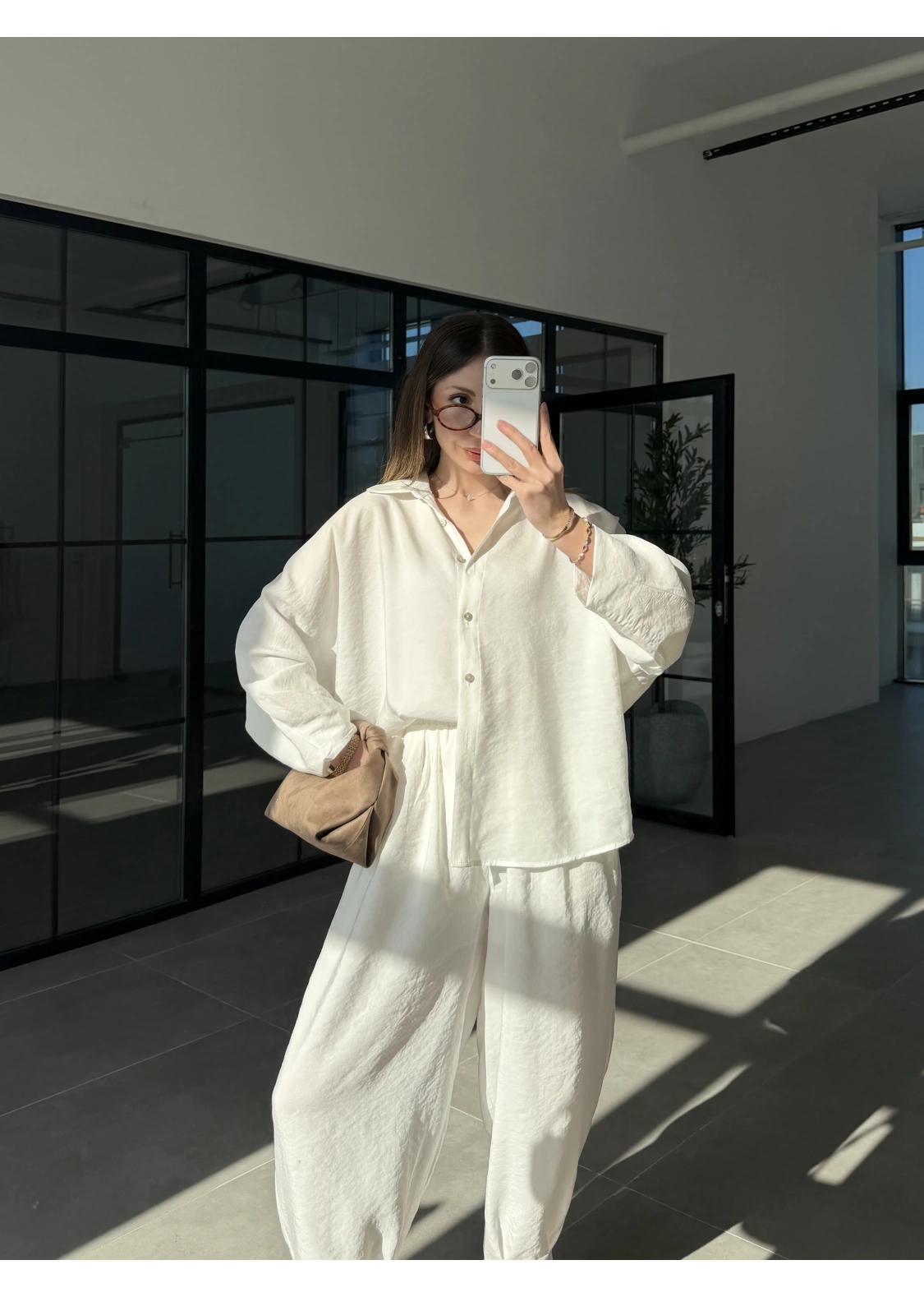 Tensel Oversize Beyaz Şalvar Takım