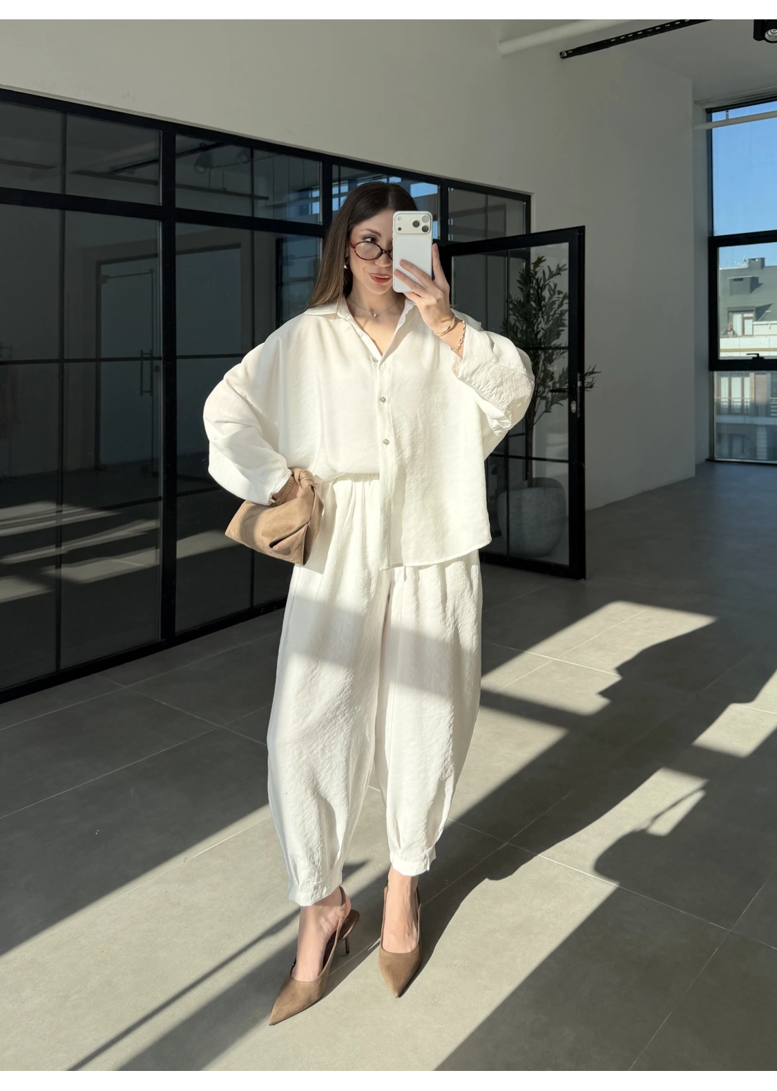 Tensel Oversize Beyaz Şalvar Takım