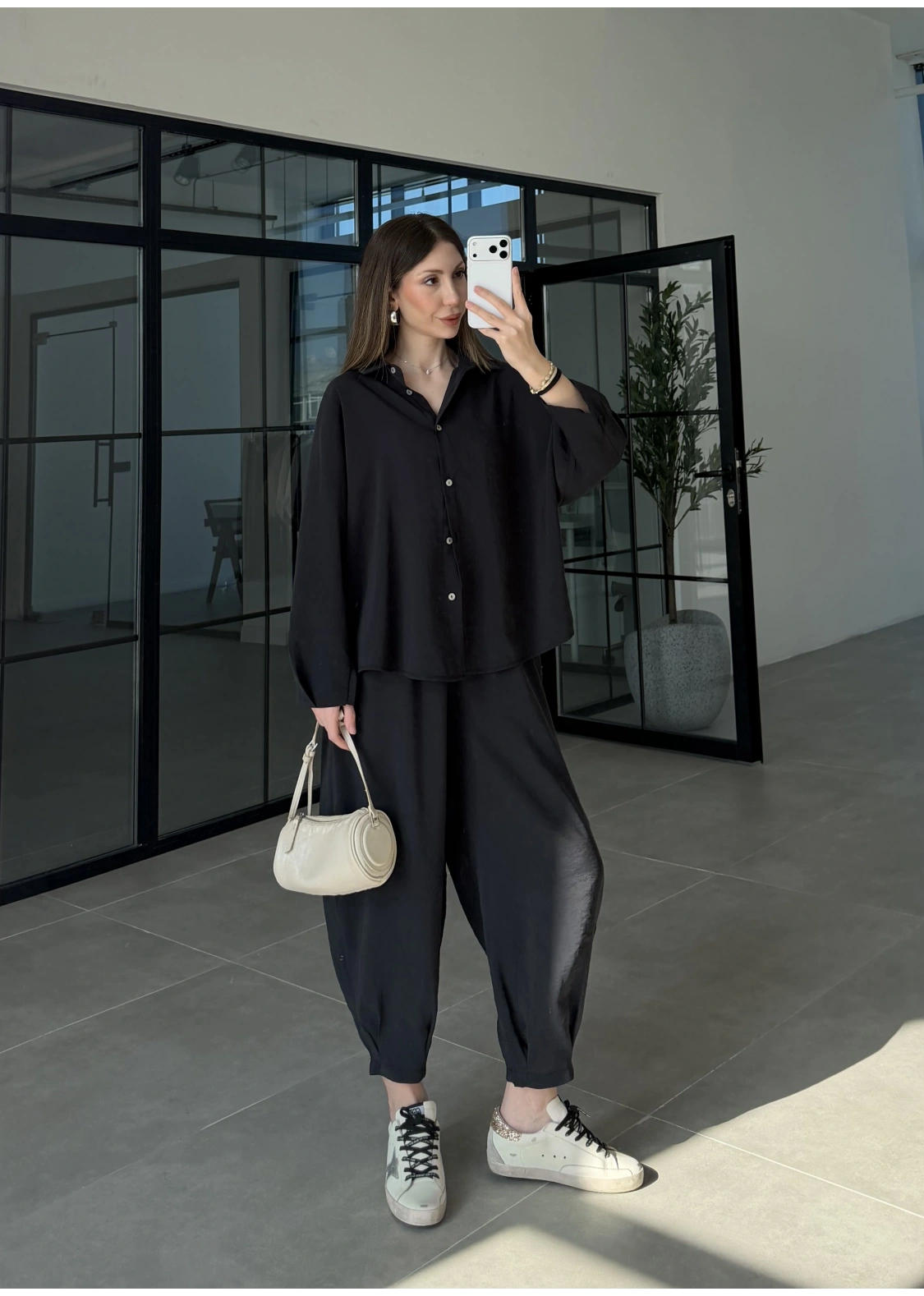 Tensel Oversize Siyah Şalvar Takım