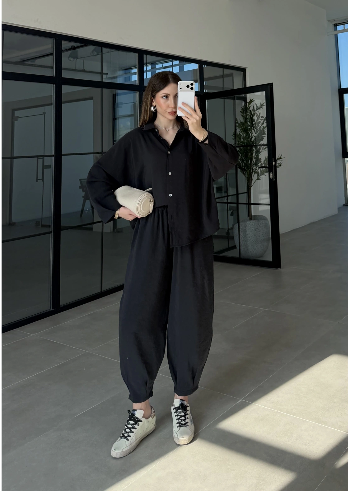 Tensel Oversize Siyah Şalvar Takım