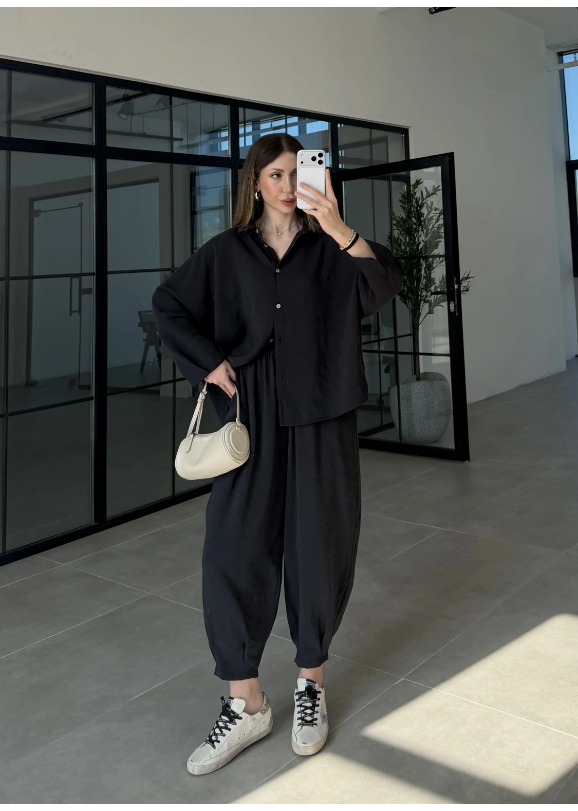 Tensel Oversize Siyah Şalvar Takım