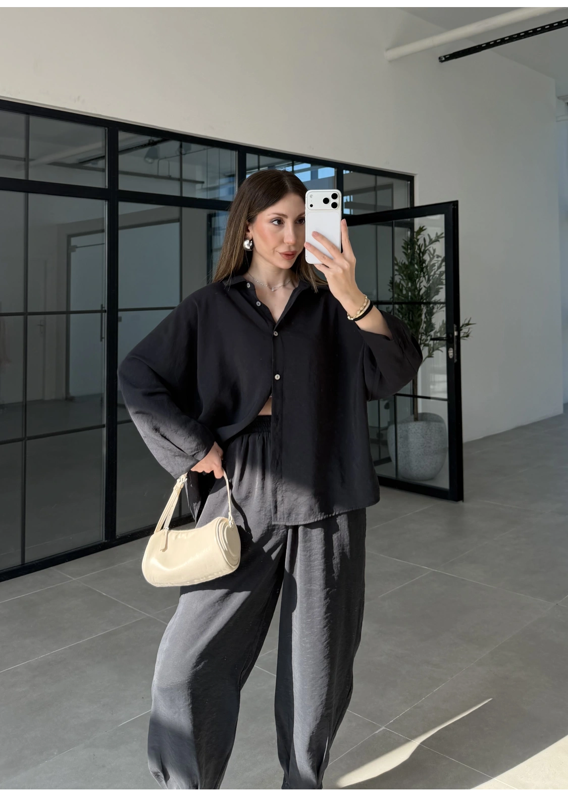 Tensel Oversize Siyah Şalvar Takım