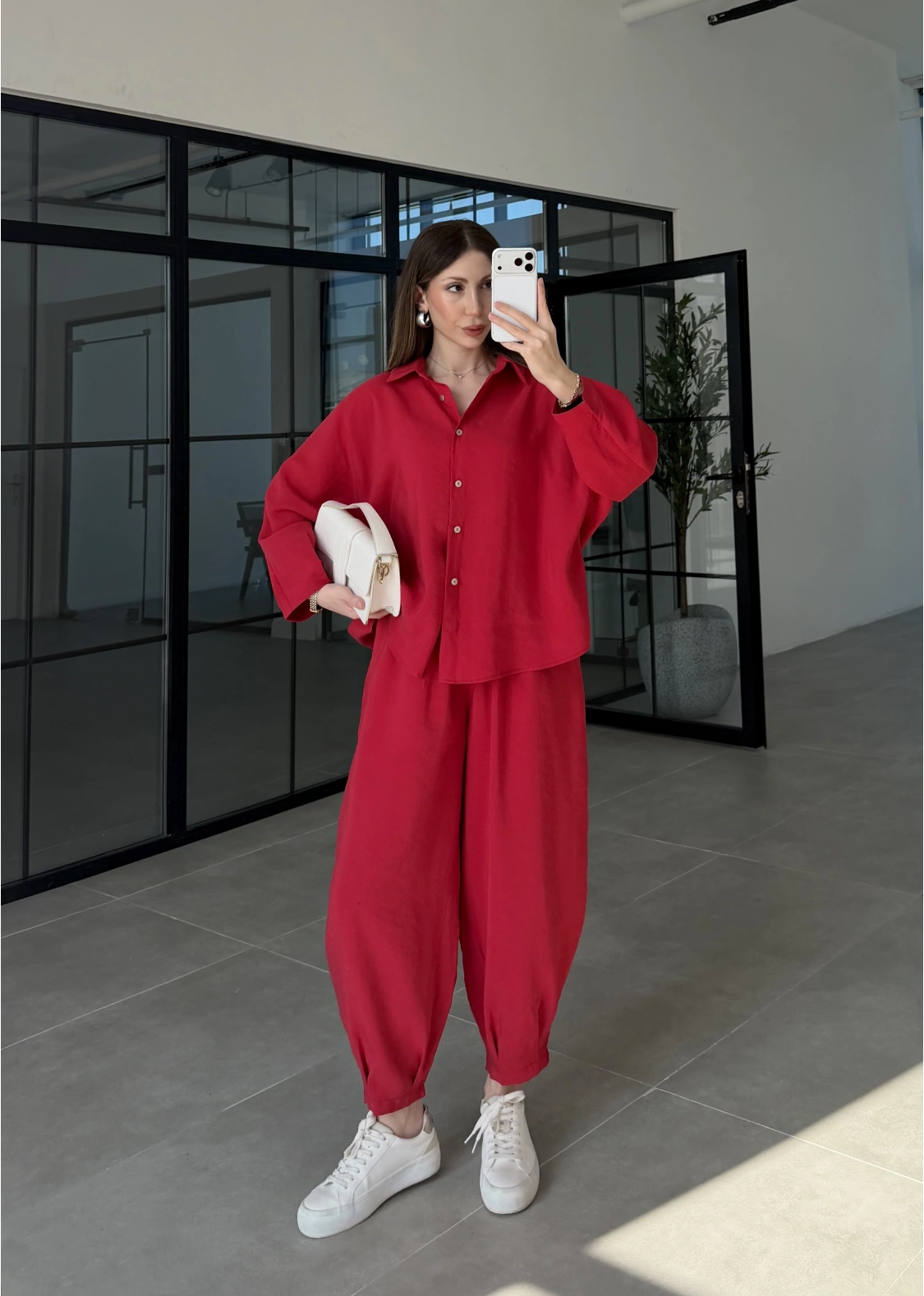 Tensel Oversize Kırmızı Şalvar Takım