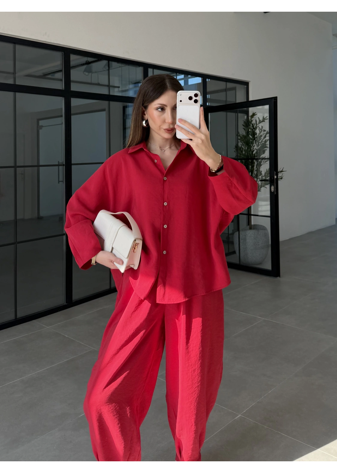 Tensel Oversize Kırmızı Şalvar Takım