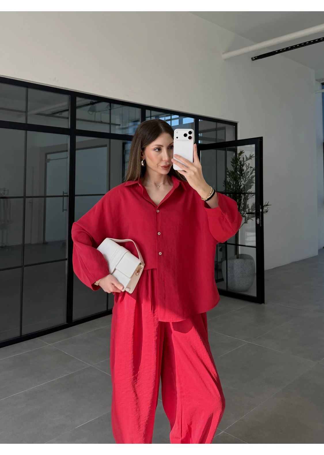 Tensel Oversize Kırmızı Şalvar Takım