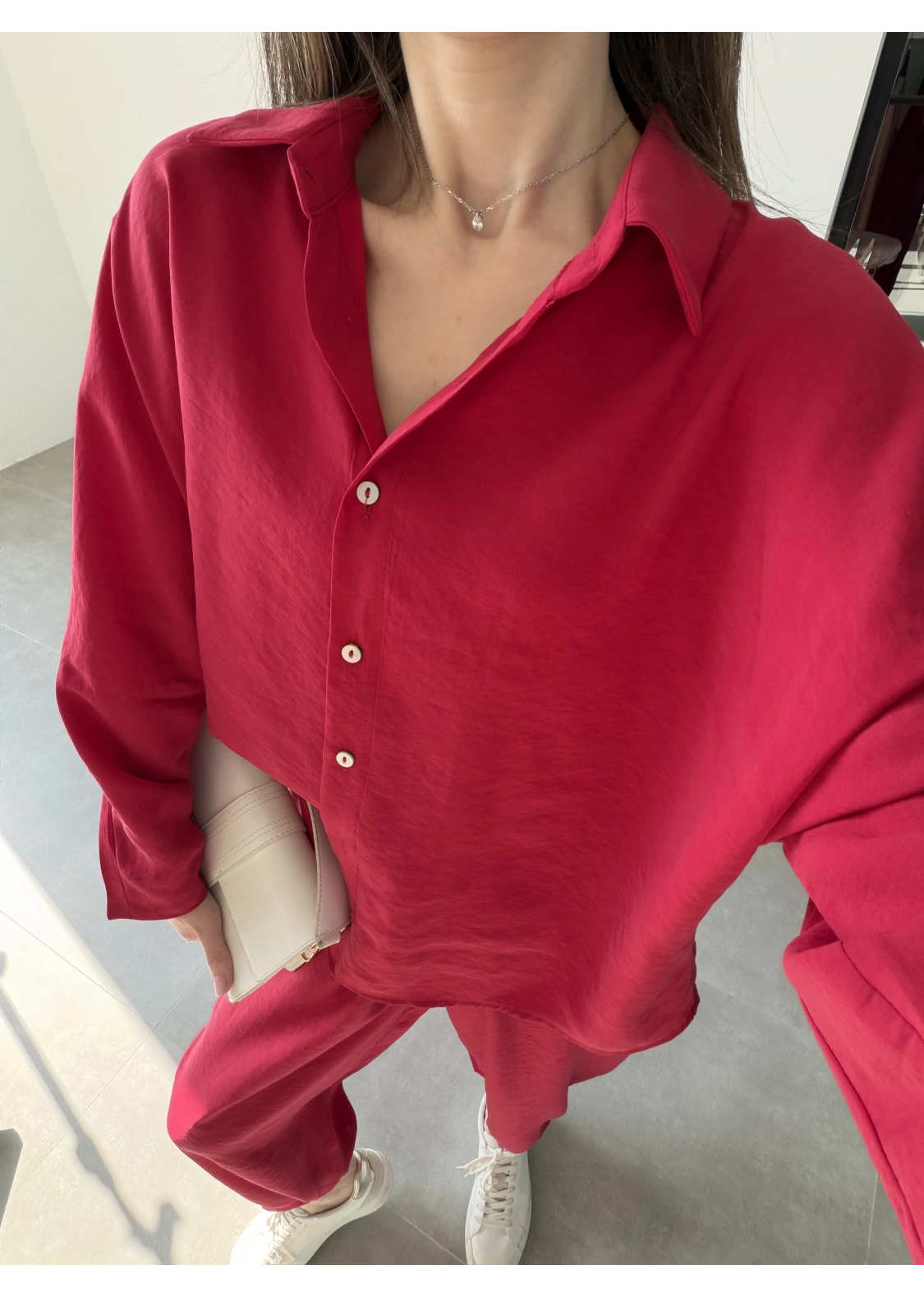 Tensel Oversize Kırmızı Şalvar Takım