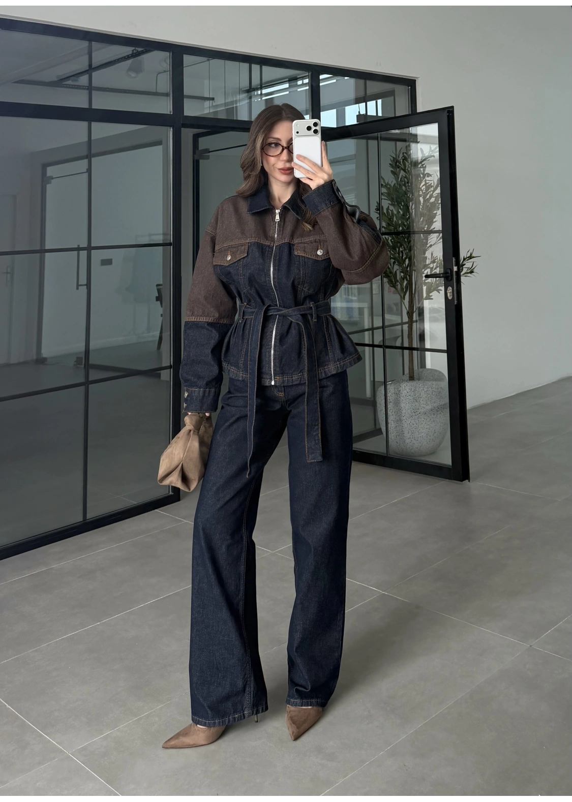 Çift Renk Denim Ceket Pantolon Takım