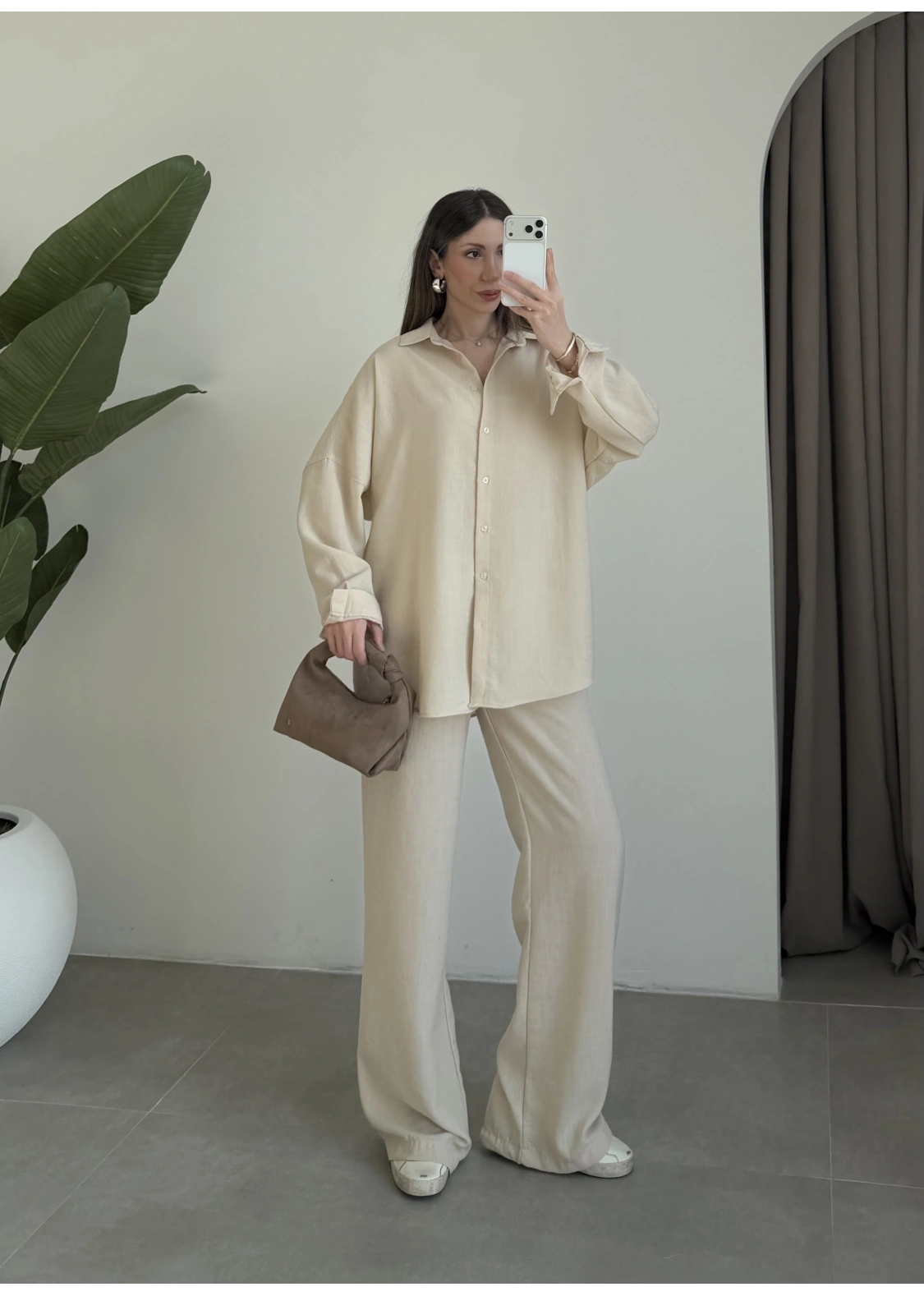 Keten Oversize Taş Gömlek Takım