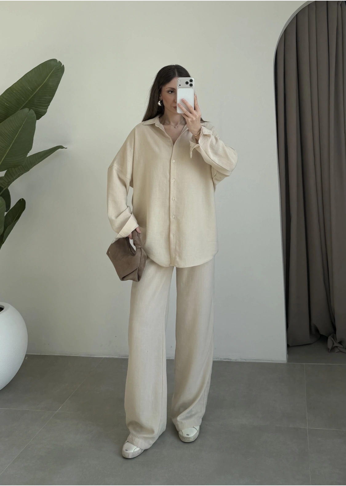 Keten Oversize Taş Gömlek Takım