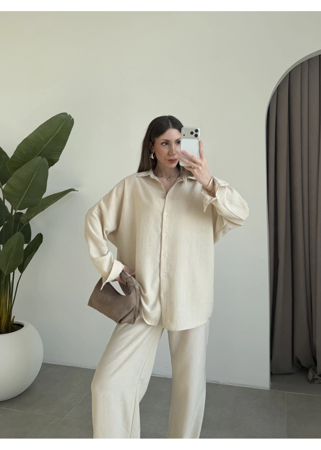 Keten Oversize Taş Gömlek Takım