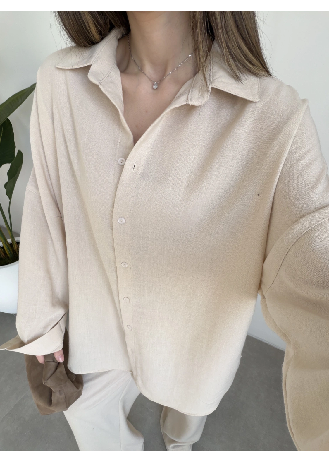 Keten Oversize Taş Gömlek Takım