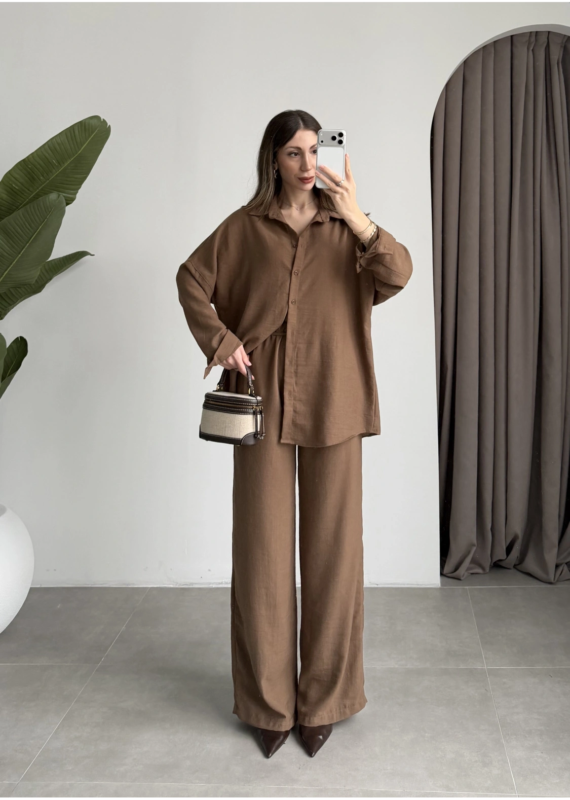 Keten Oversize Camel Gömlek Takım