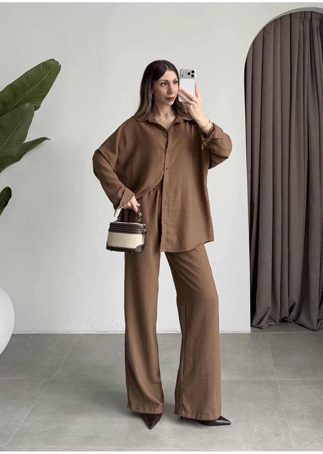 Keten Oversize Camel Gömlek Takım