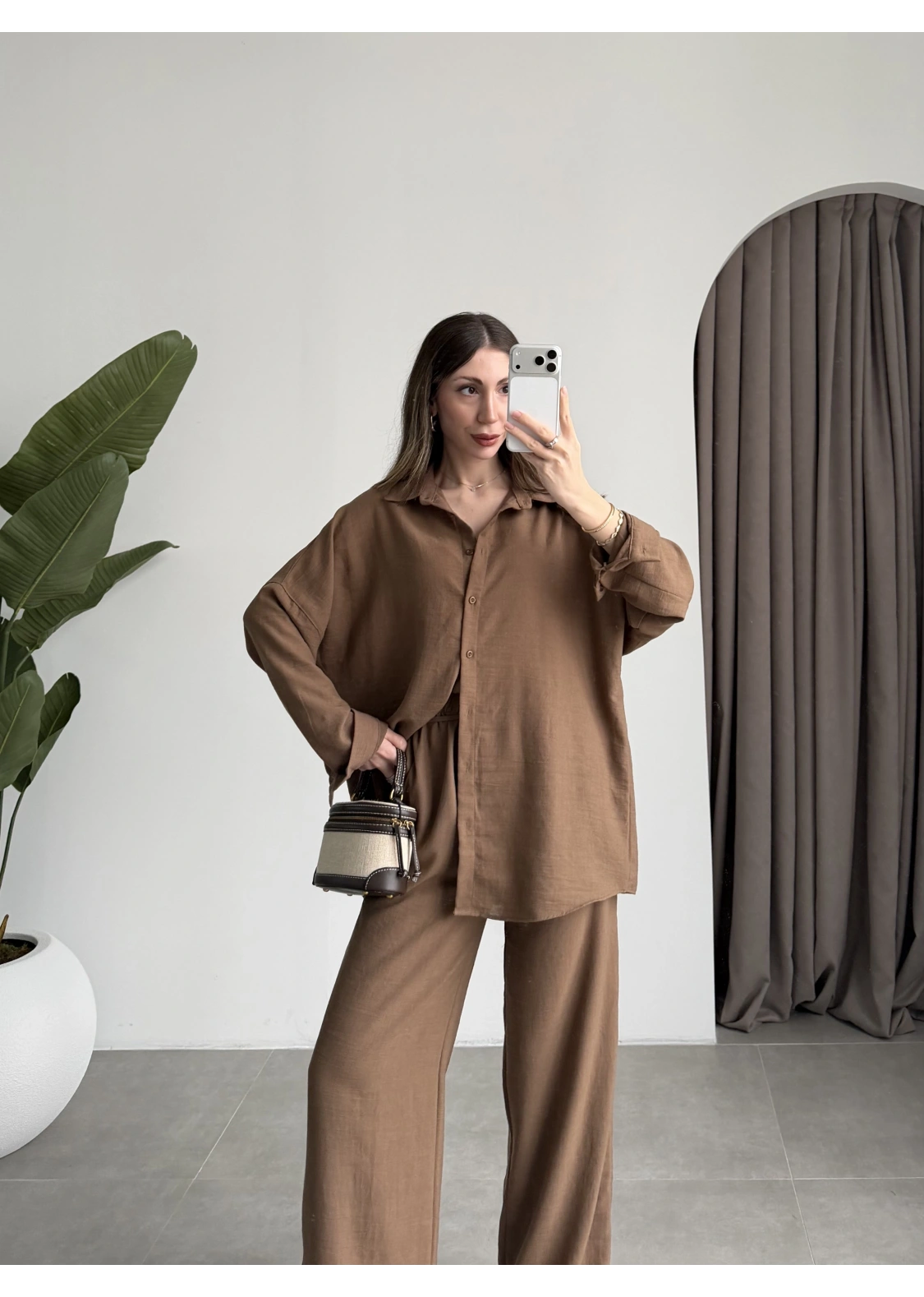 Keten Oversize Camel Gömlek Takım