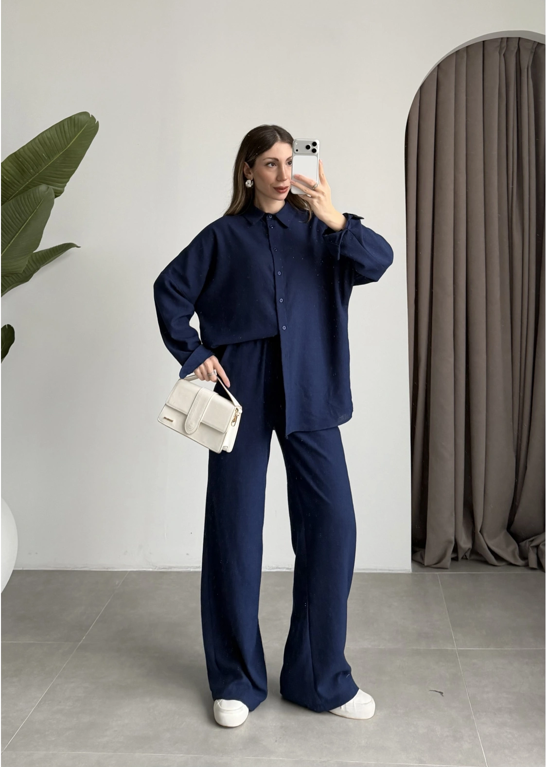 Keten Oversize Lacivert Gömlek Takım