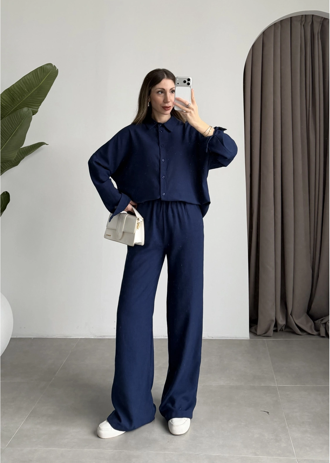 Keten Oversize Lacivert Gömlek Takım