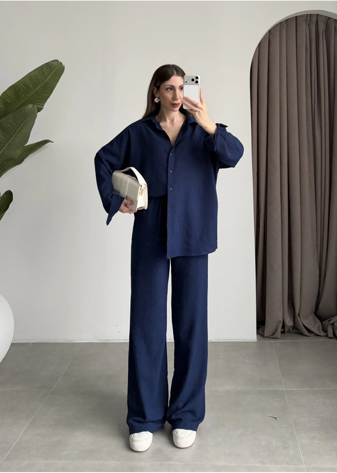 Keten Oversize Lacivert Gömlek Takım