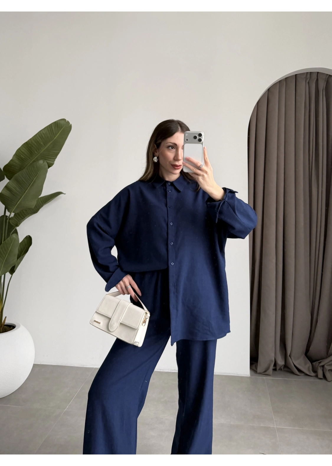 Keten Oversize Lacivert Gömlek Takım