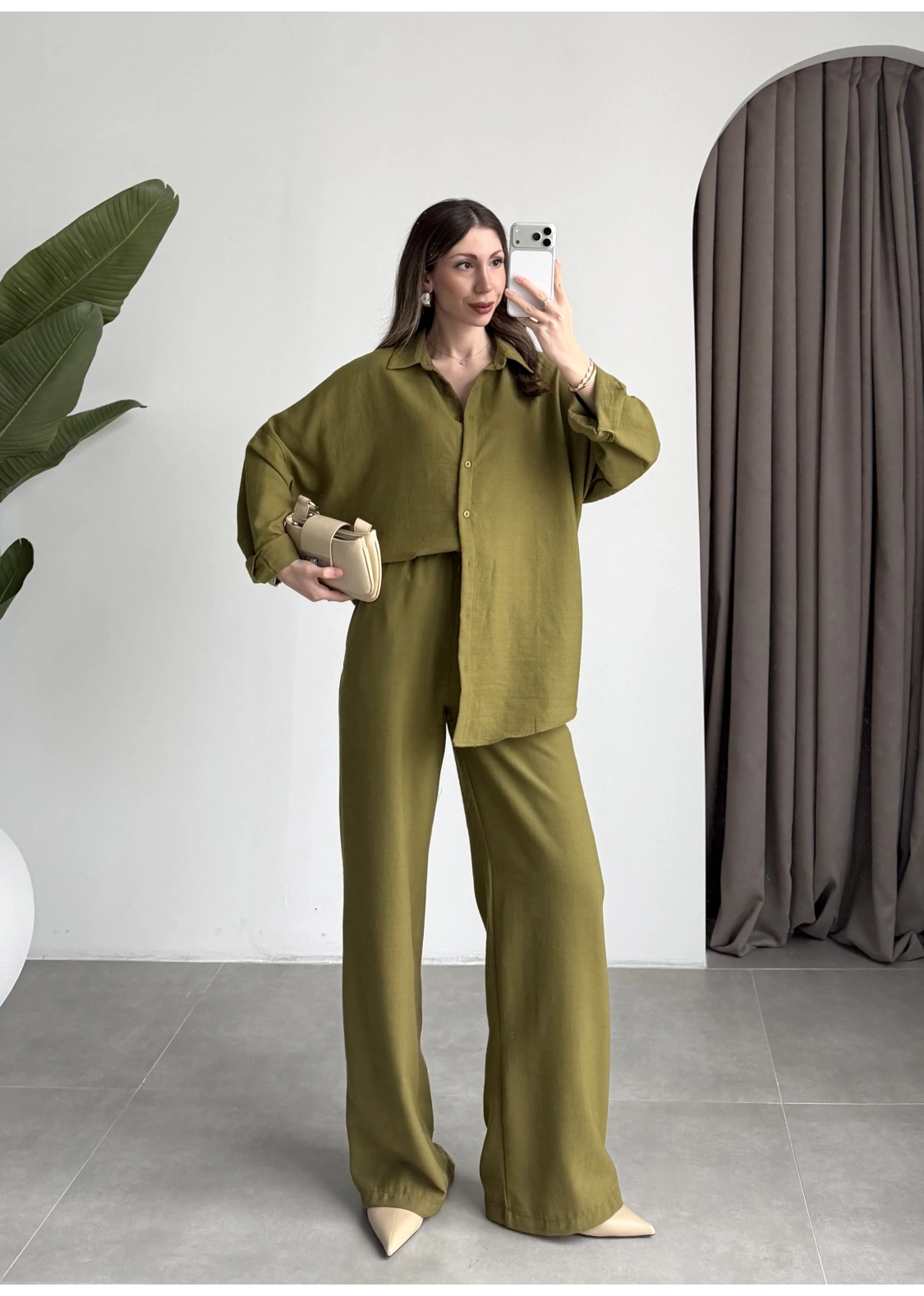 Keten Oversize Yağ Yeşili Gömlek Takım