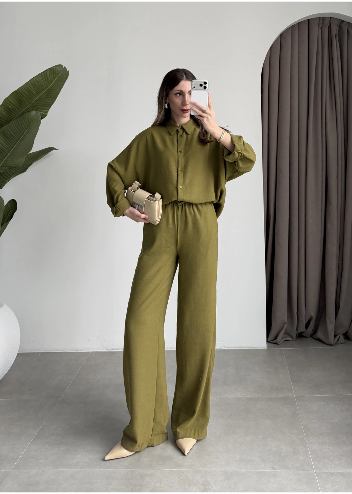 Keten Oversize Yağ Yeşili Gömlek Takım