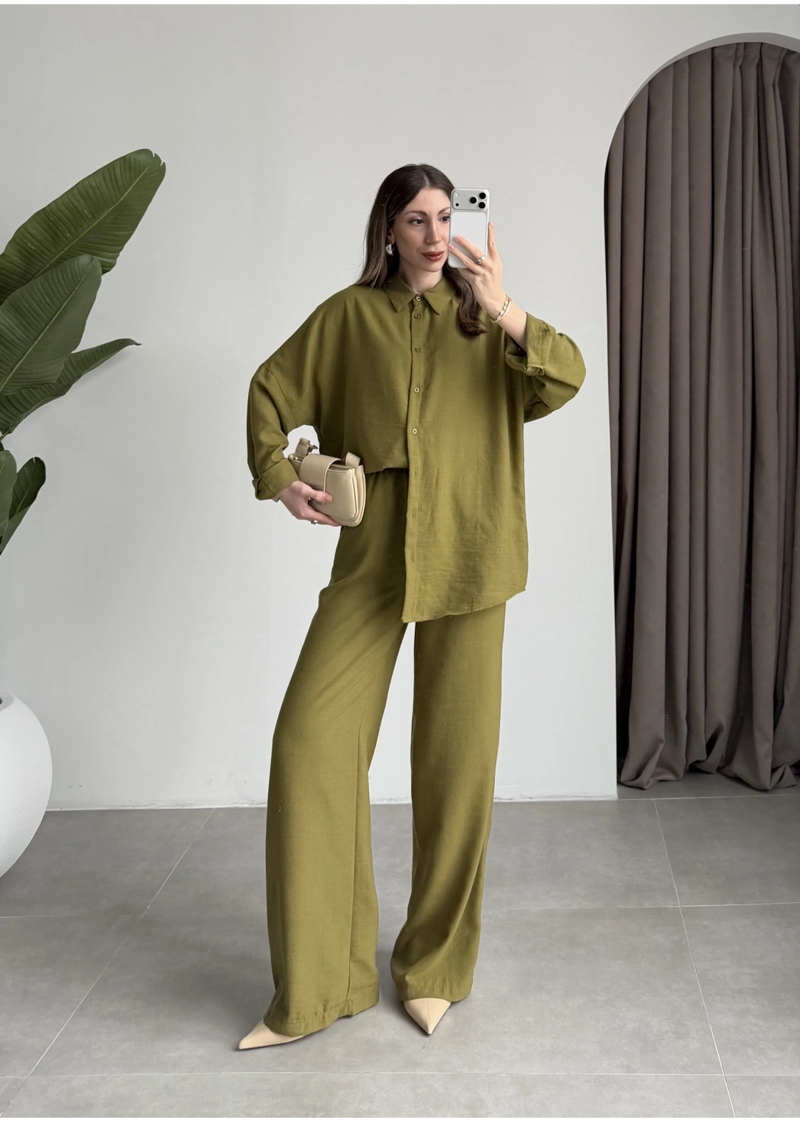 Keten Oversize Yağ Yeşili Gömlek Takım