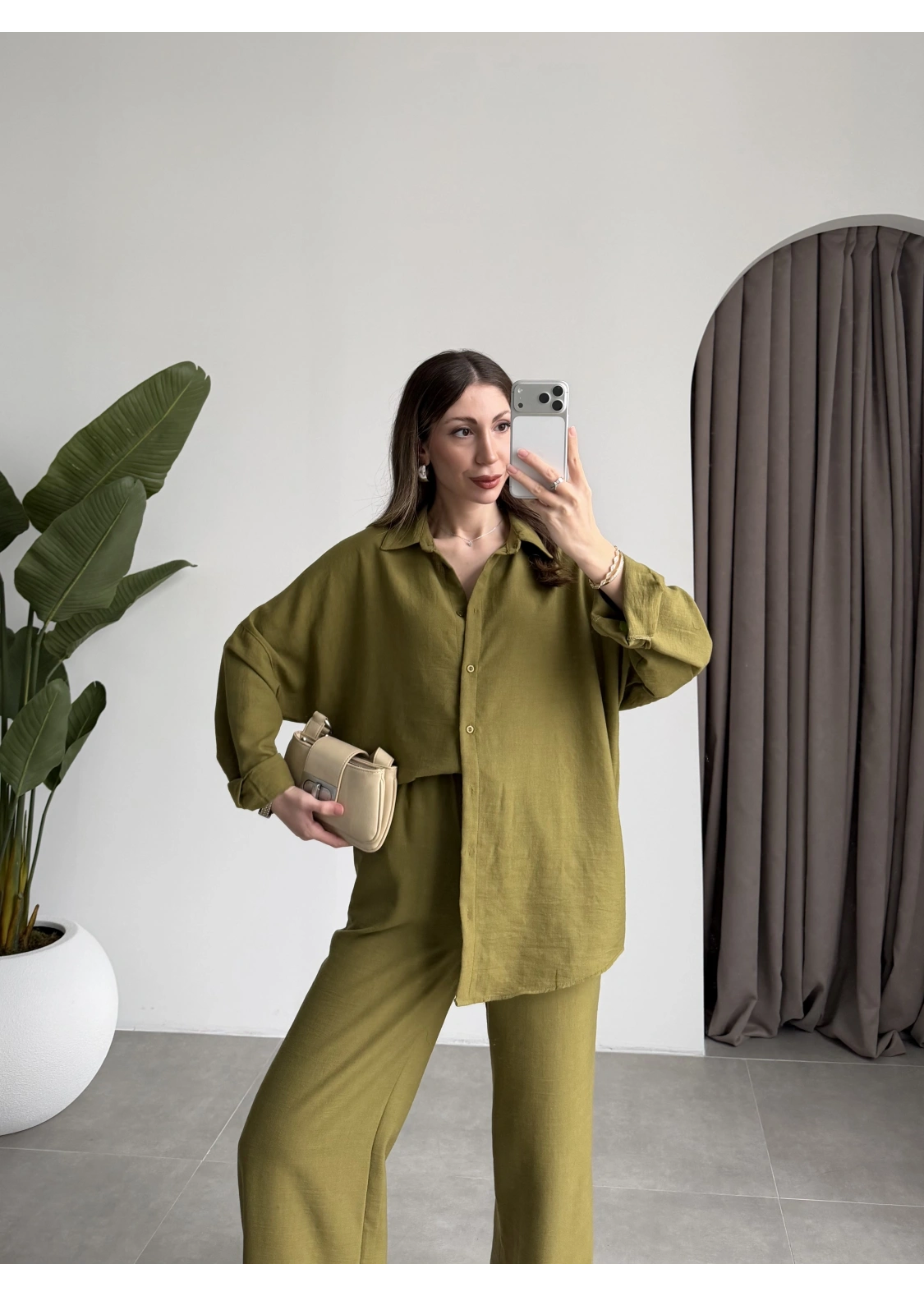 Keten Oversize Yağ Yeşili Gömlek Takım