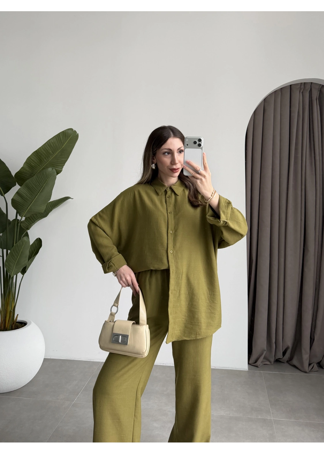 Keten Oversize Yağ Yeşili Gömlek Takım