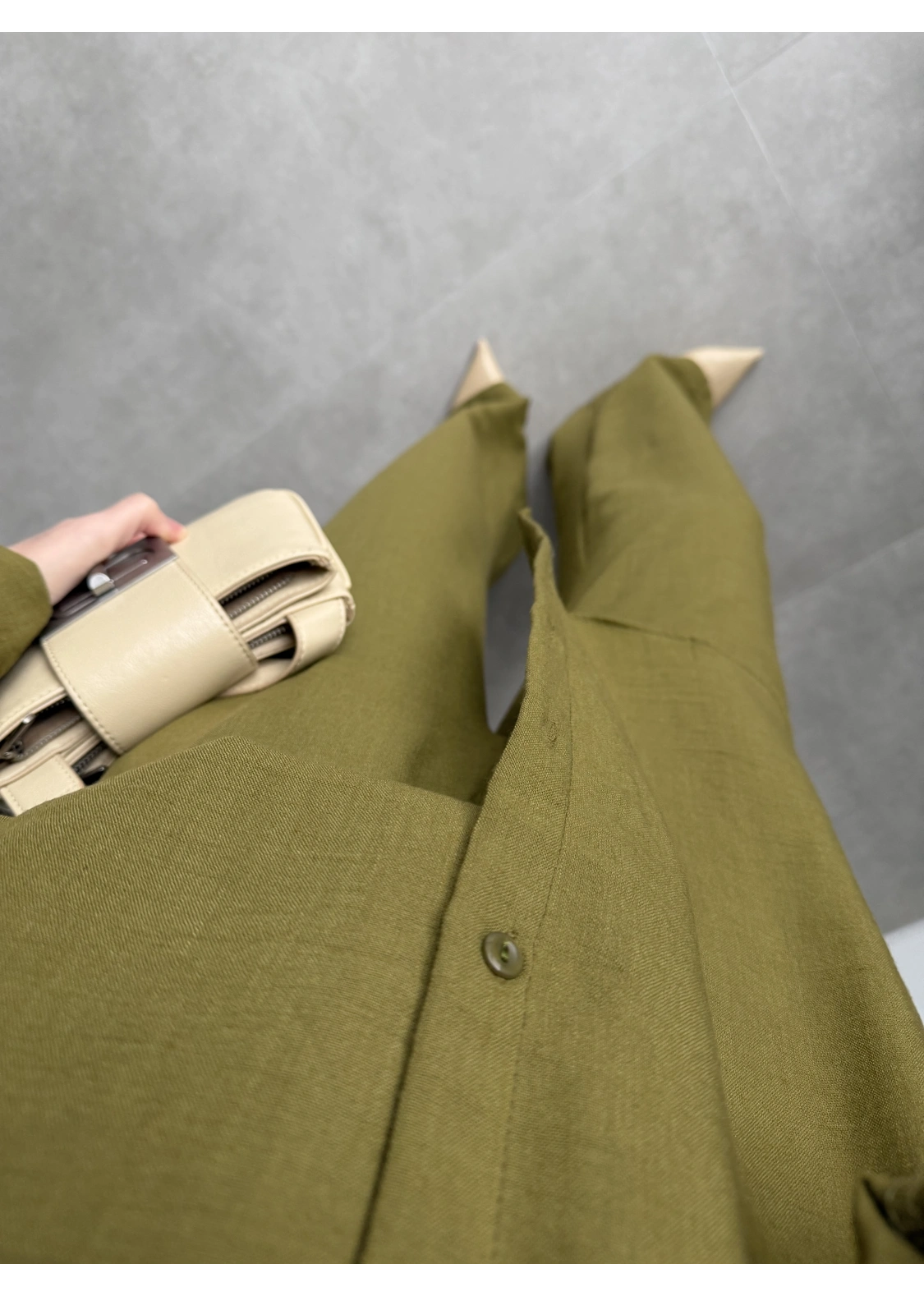 Keten Oversize Yağ Yeşili Gömlek Takım