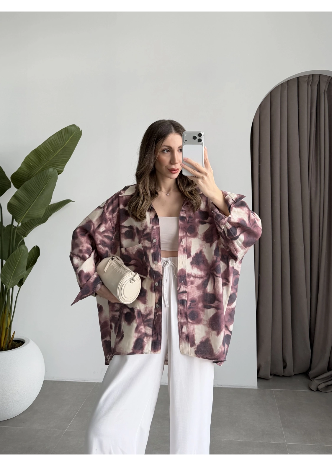 Oversize Bordo Tensel Empirme Gömlek