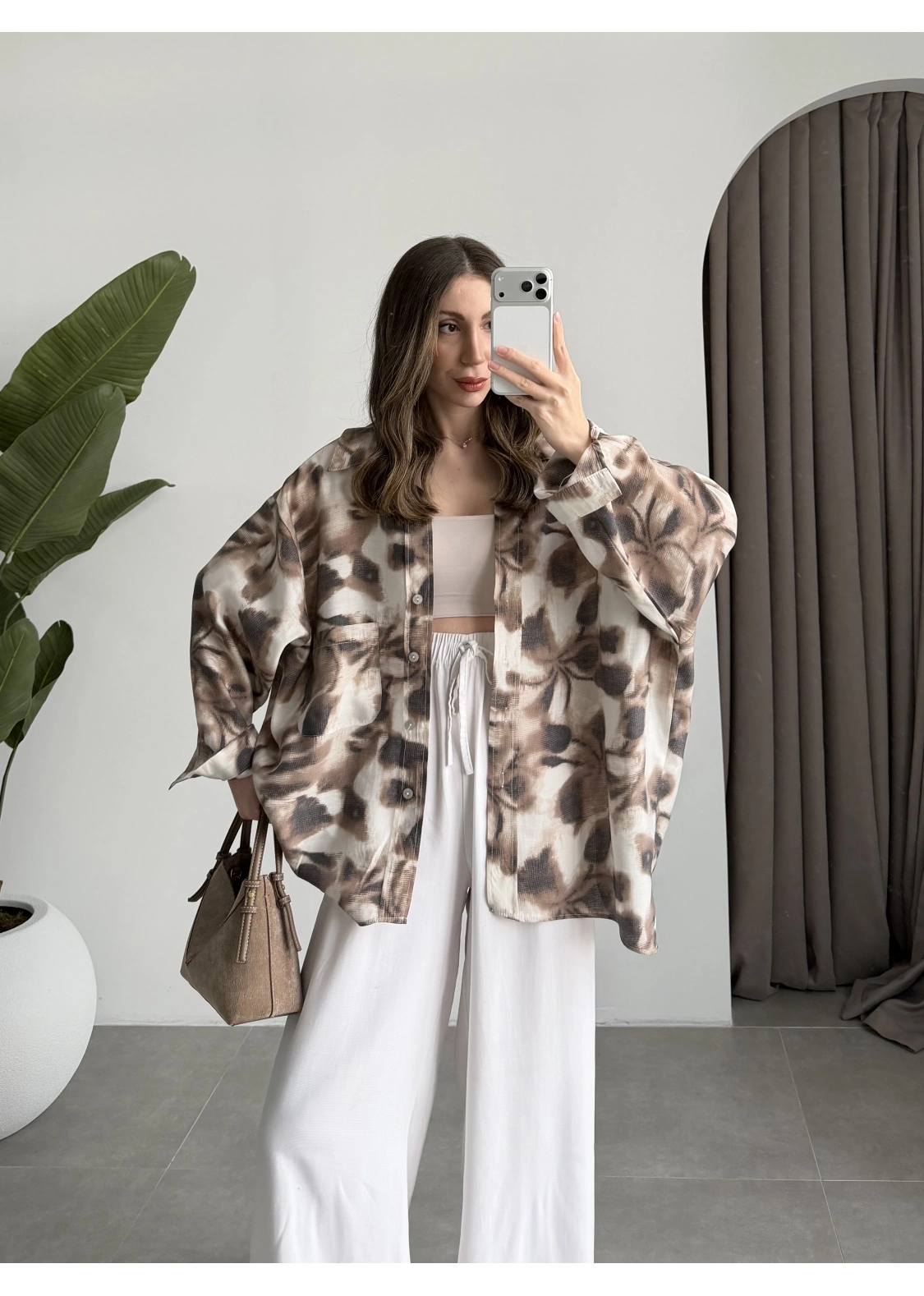 Oversize Kahve Tensel Empirme Gömlek