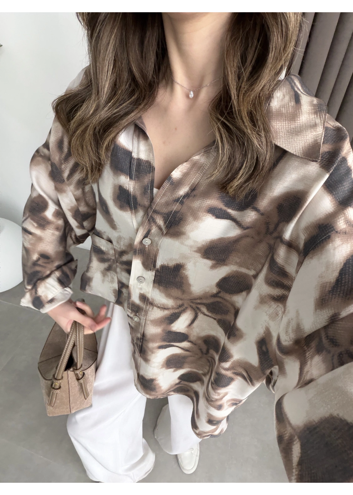 Oversize Kahve Tensel Empirme Gömlek