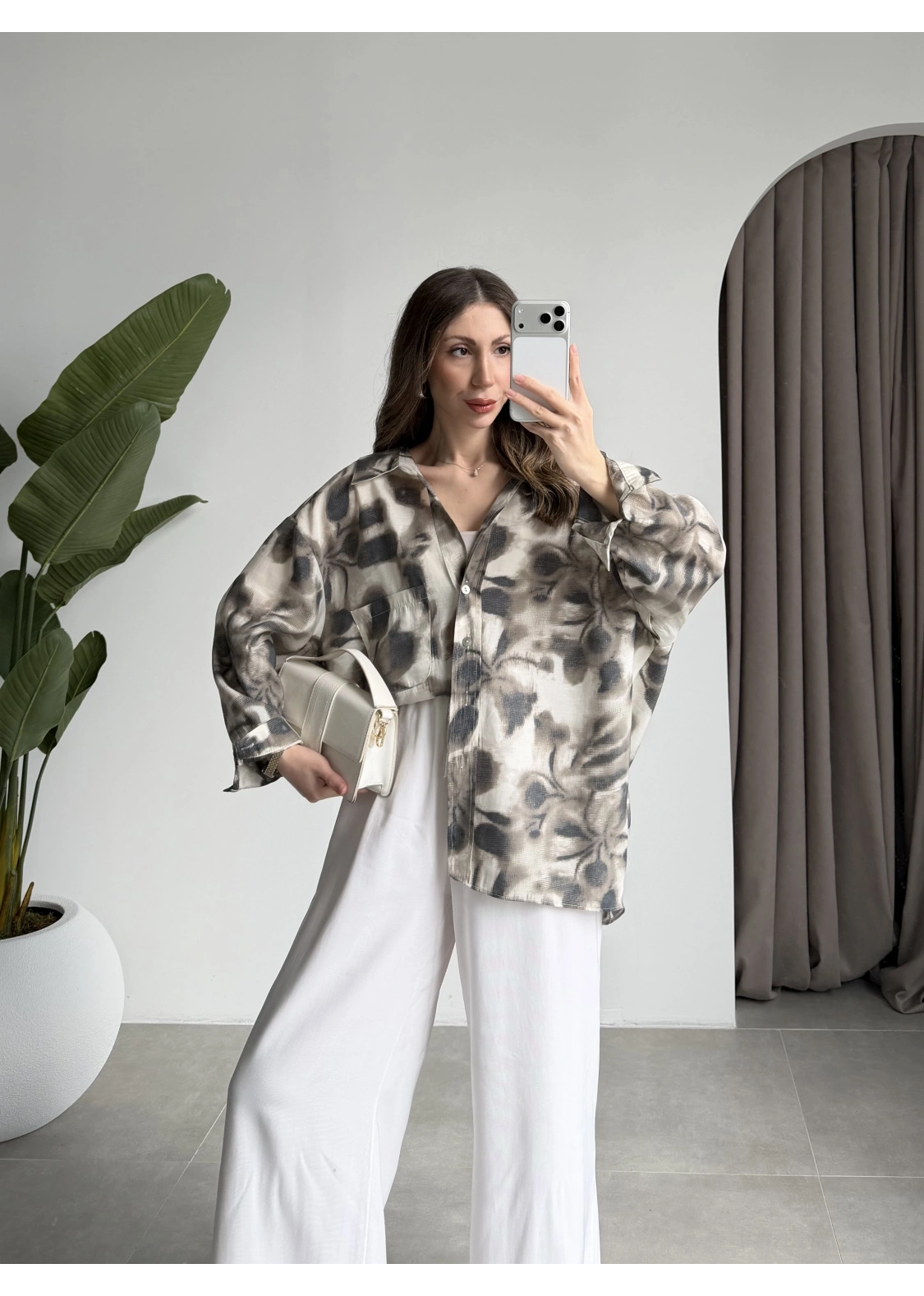 Oversize Vizon Tensel Empirme Gömlek