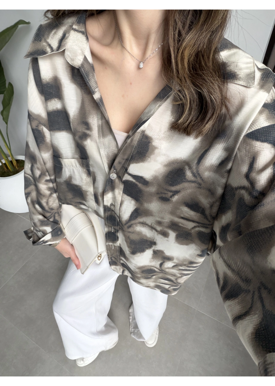 Oversize Vizon Tensel Empirme Gömlek