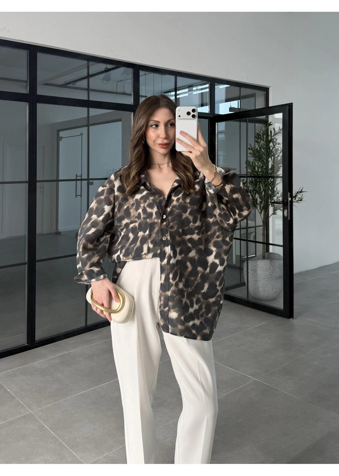Leopar Desenli Oversize Tensel Gömlek