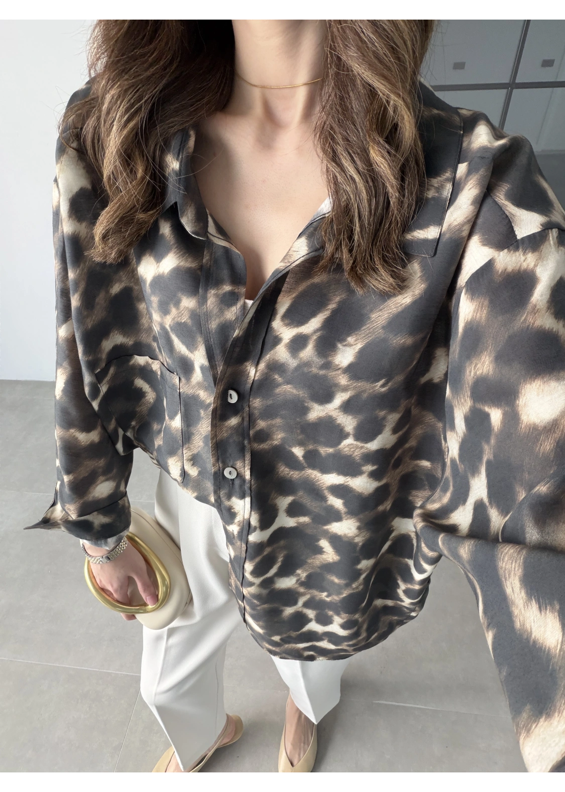 Leopar Desenli Oversize Tensel Gömlek