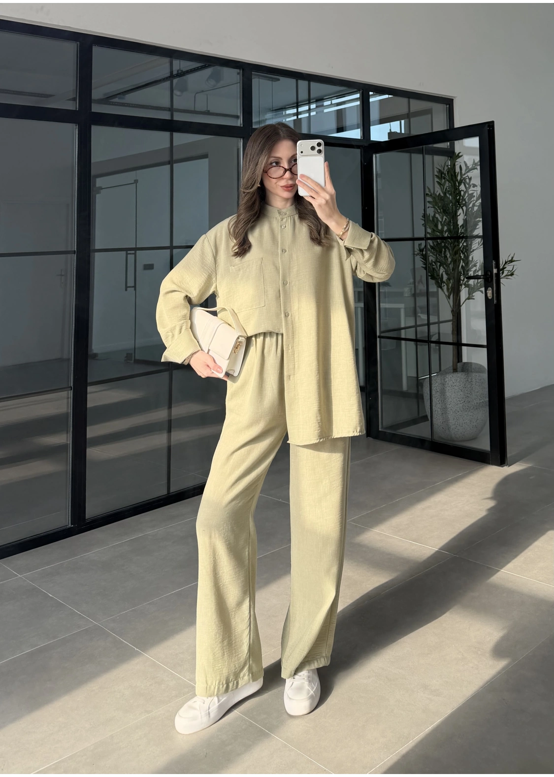 Hakim Yaka Çağla Keten Gömlek Takım