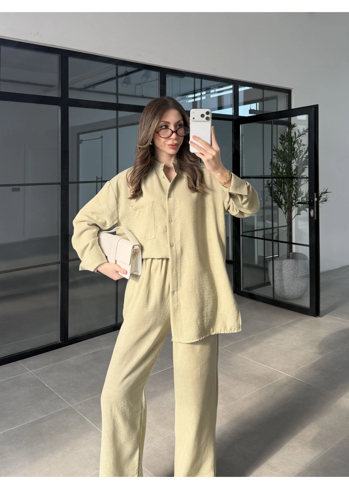 Hakim Yaka Çağla Keten Gömlek Takım