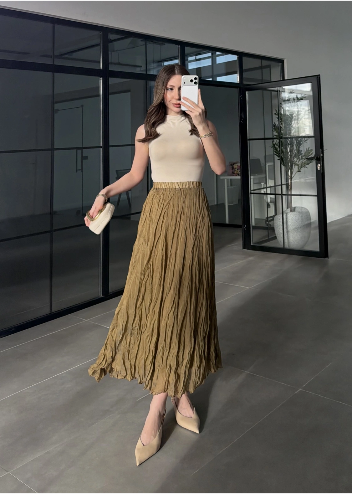 Premium Beli Lastikli Kırışık Olive Etek