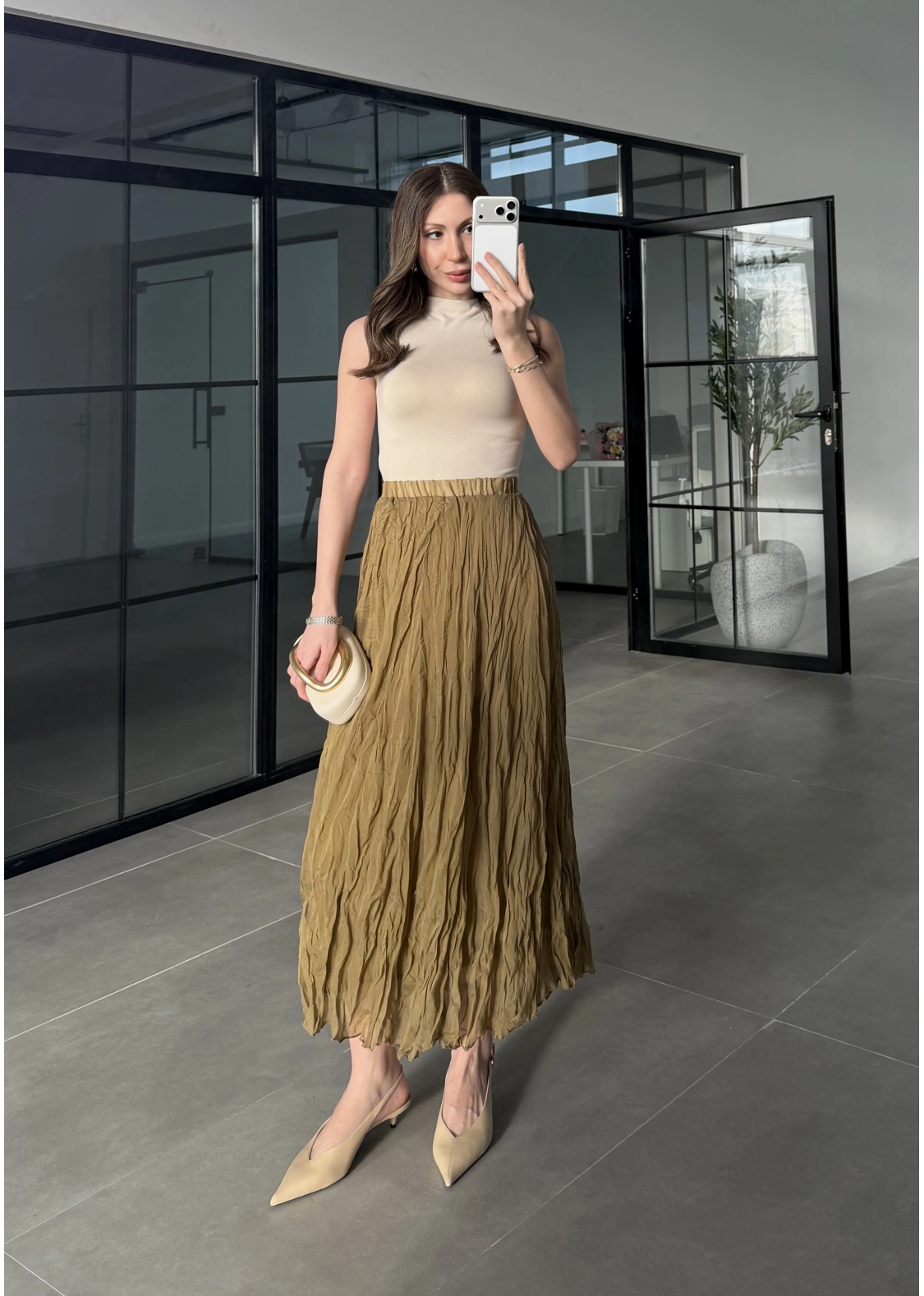 Premium Beli Lastikli Kırışık Olive Etek