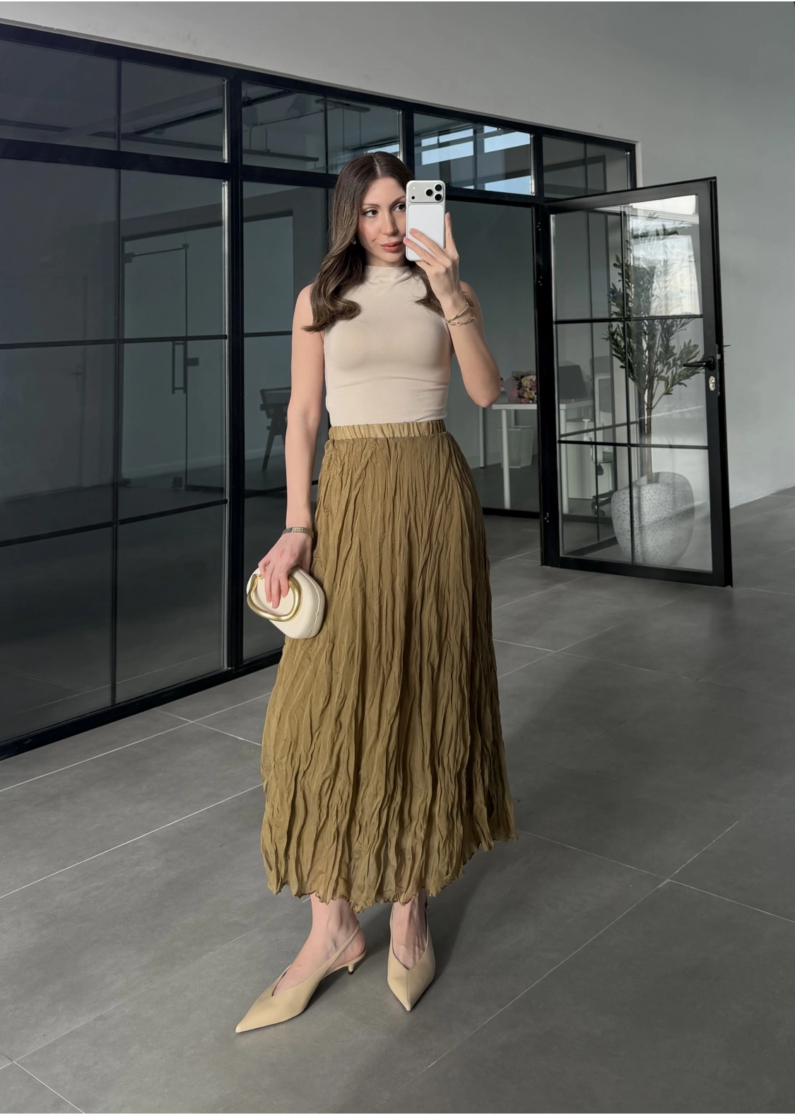 Premium Beli Lastikli Kırışık Olive Etek