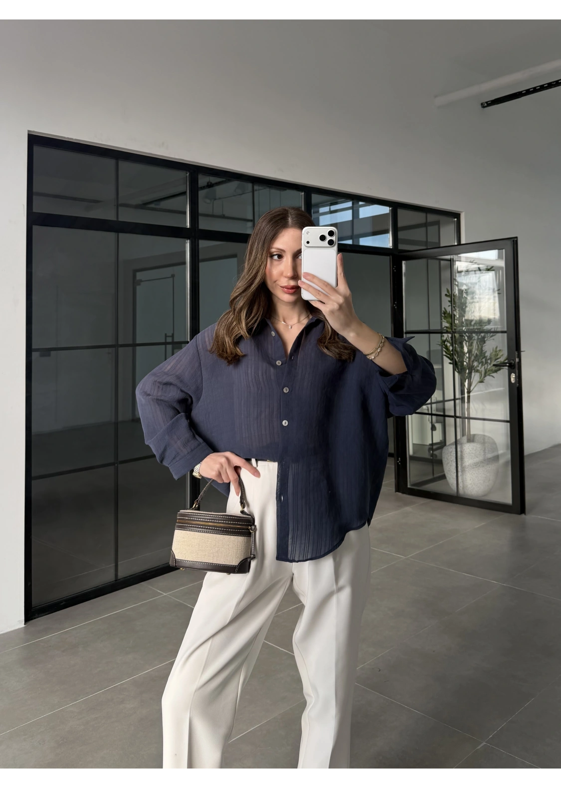 Oversize Transparan Lacivert Gömlek