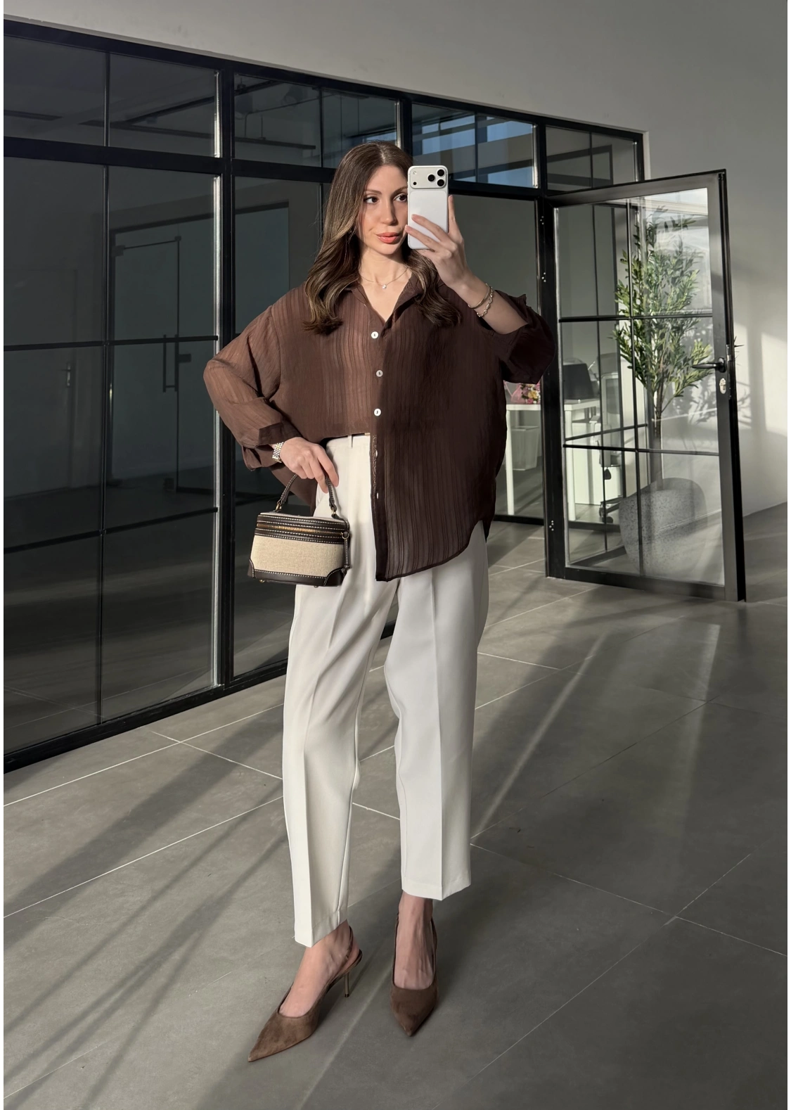 Oversize Transparan Kahve Gömlek