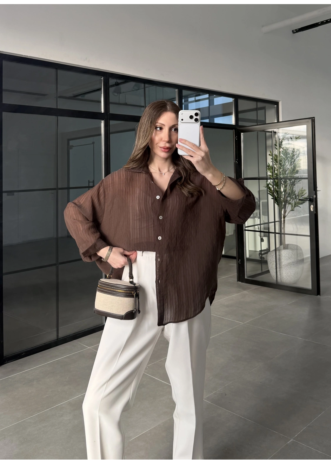 Oversize Transparan Kahve Gömlek