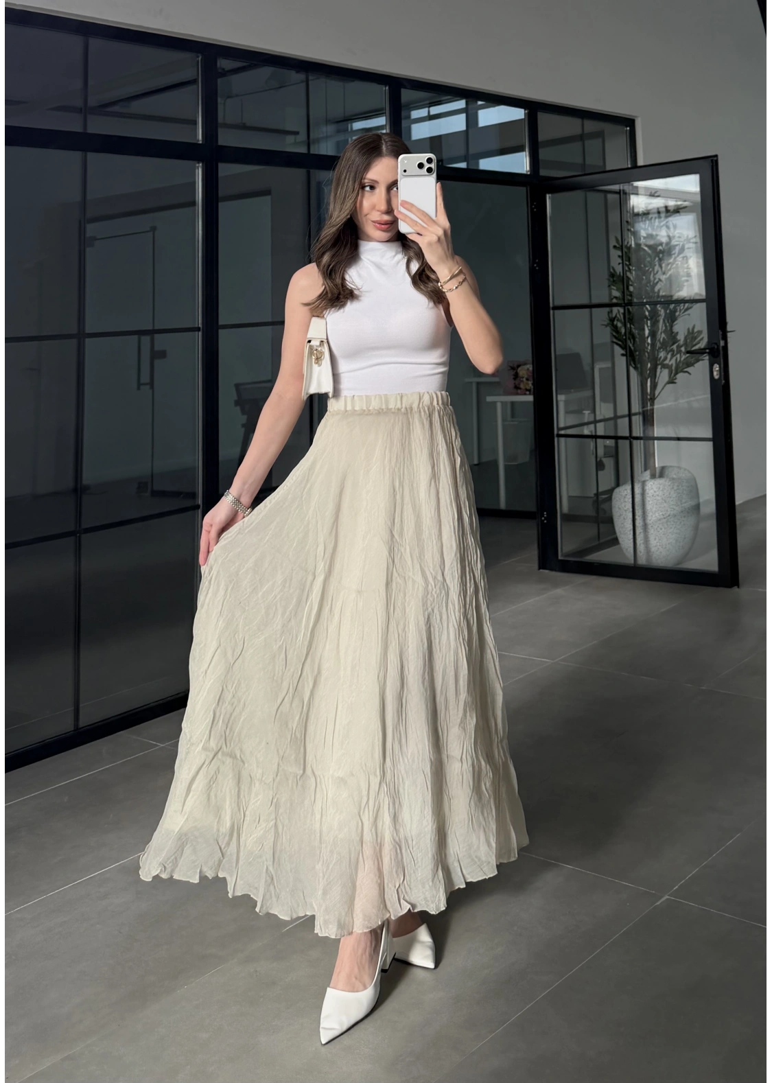 Premium Beli Lastikli Kırışık Taş Etek