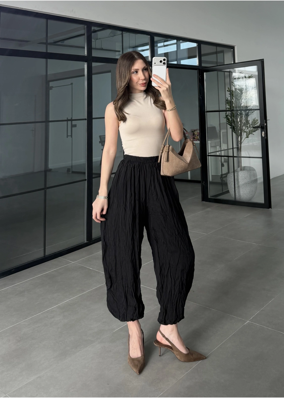 Kırışık Kumaş Siyah Şalvar Pantolon