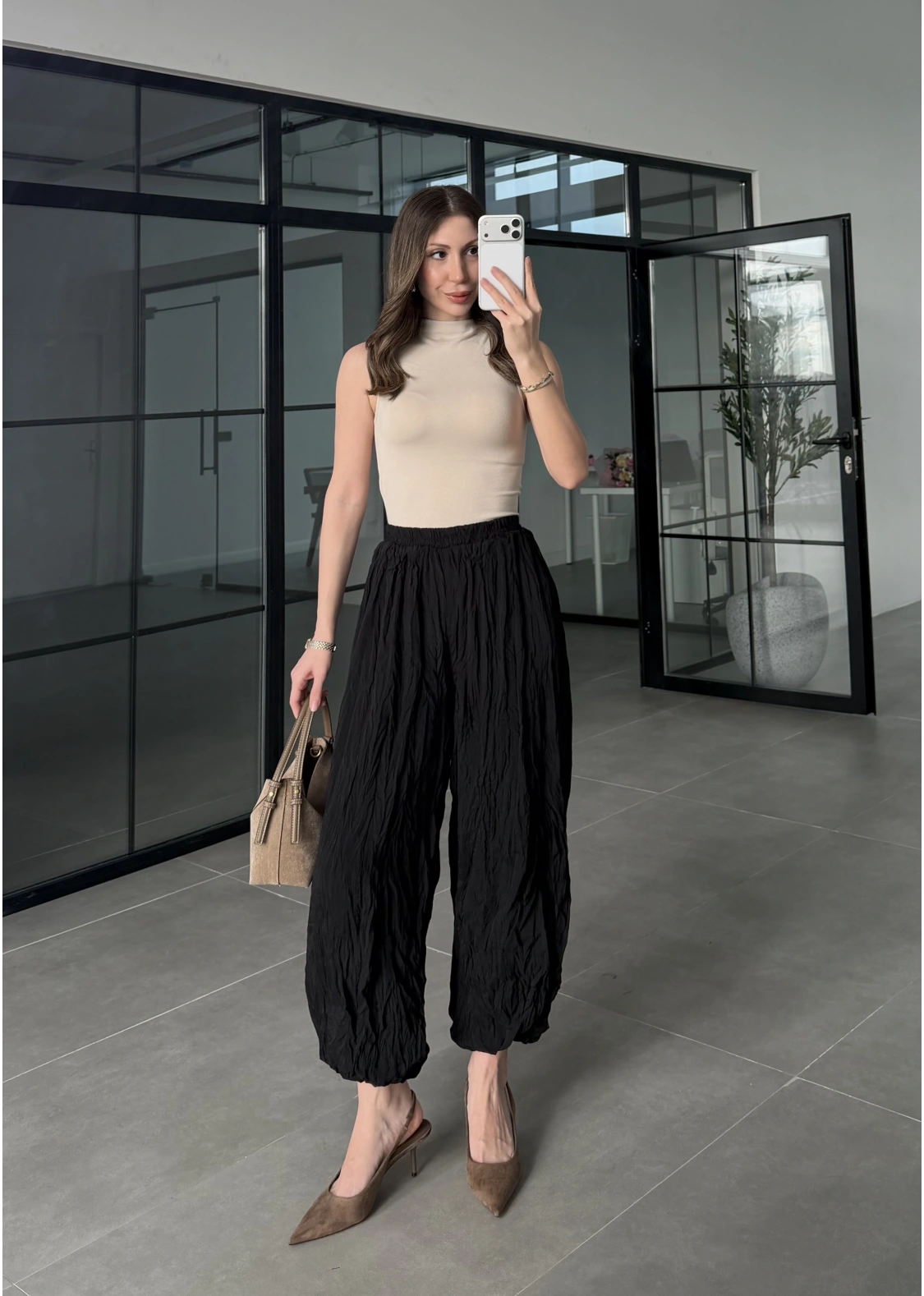 Kırışık Kumaş Siyah Şalvar Pantolon