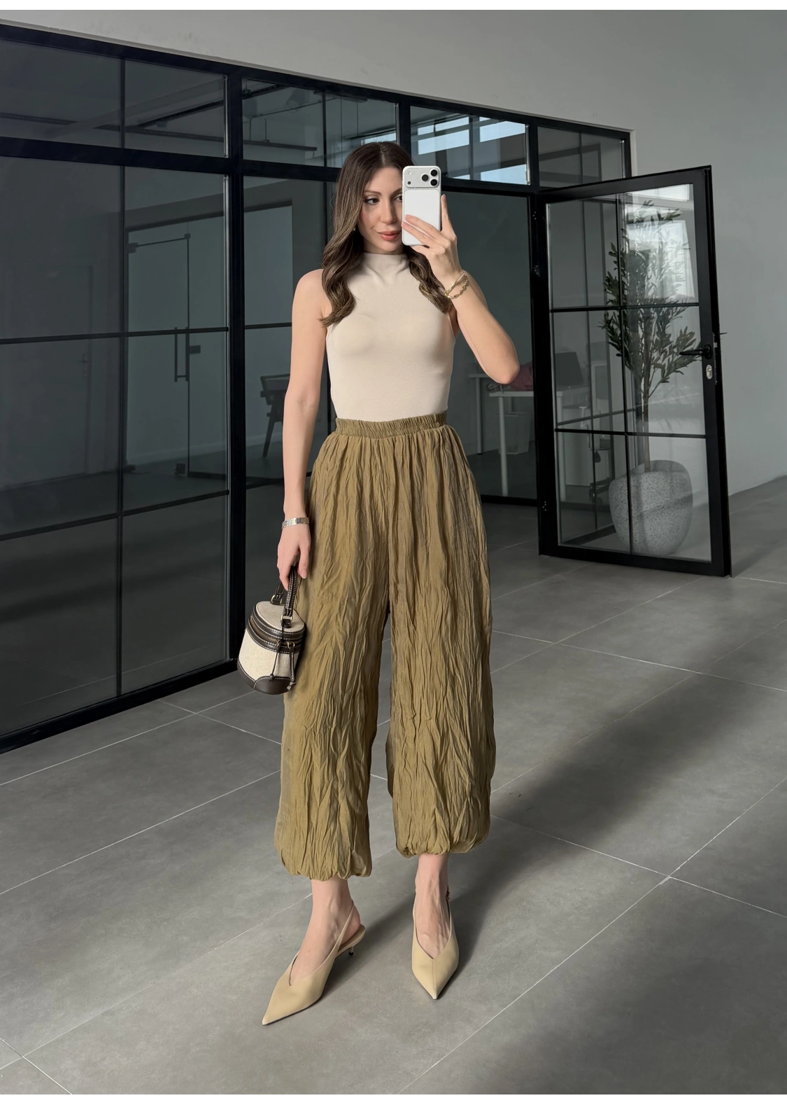 Kırışık Kumaş Olive Şalvar Pantolon