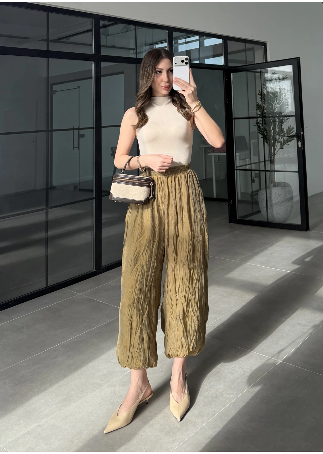 Kırışık Kumaş Olive Şalvar Pantolon