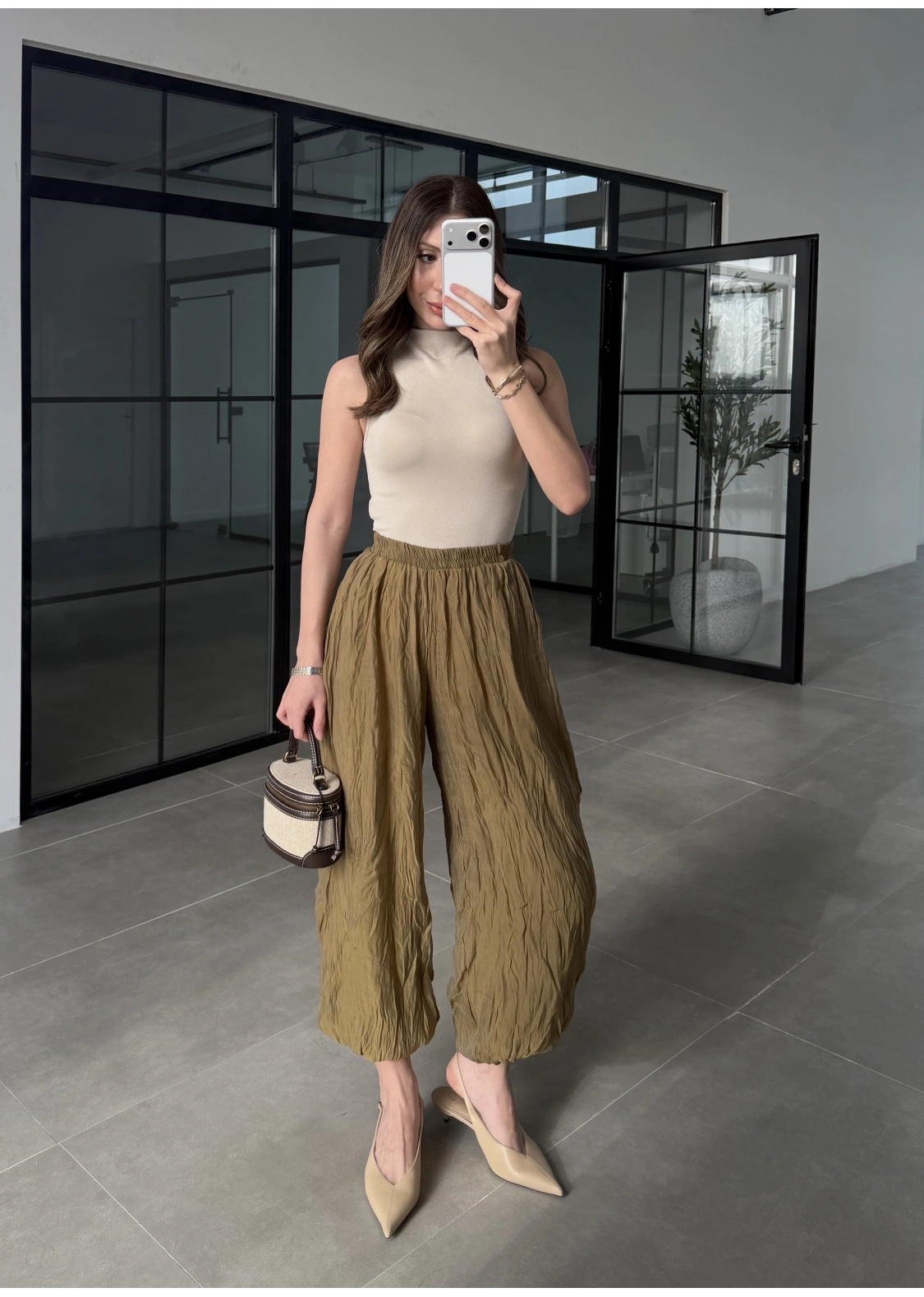 Kırışık Kumaş Olive Şalvar Pantolon