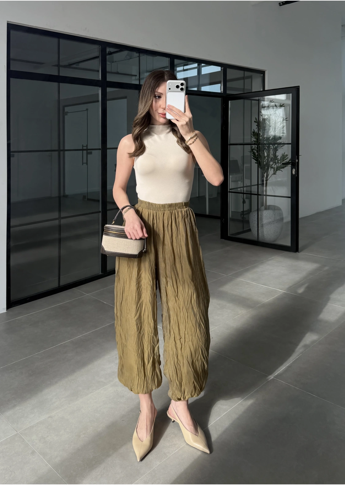 Kırışık Kumaş Olive Şalvar Pantolon